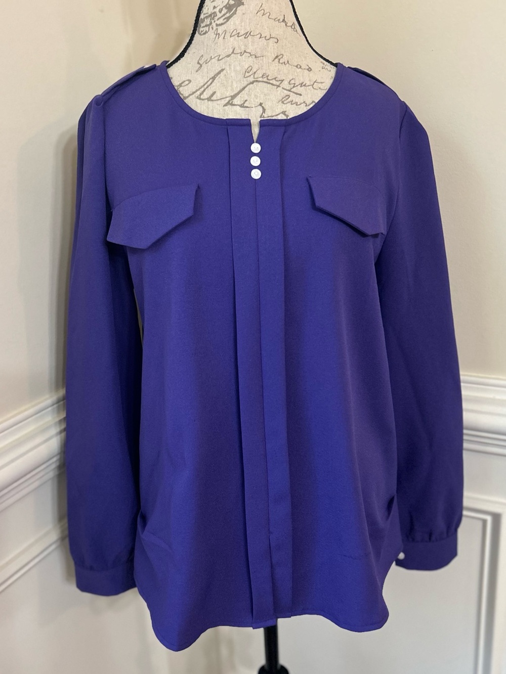 Allegra K Royal Purple Long-Sleeve Blouse with Front Button Accents